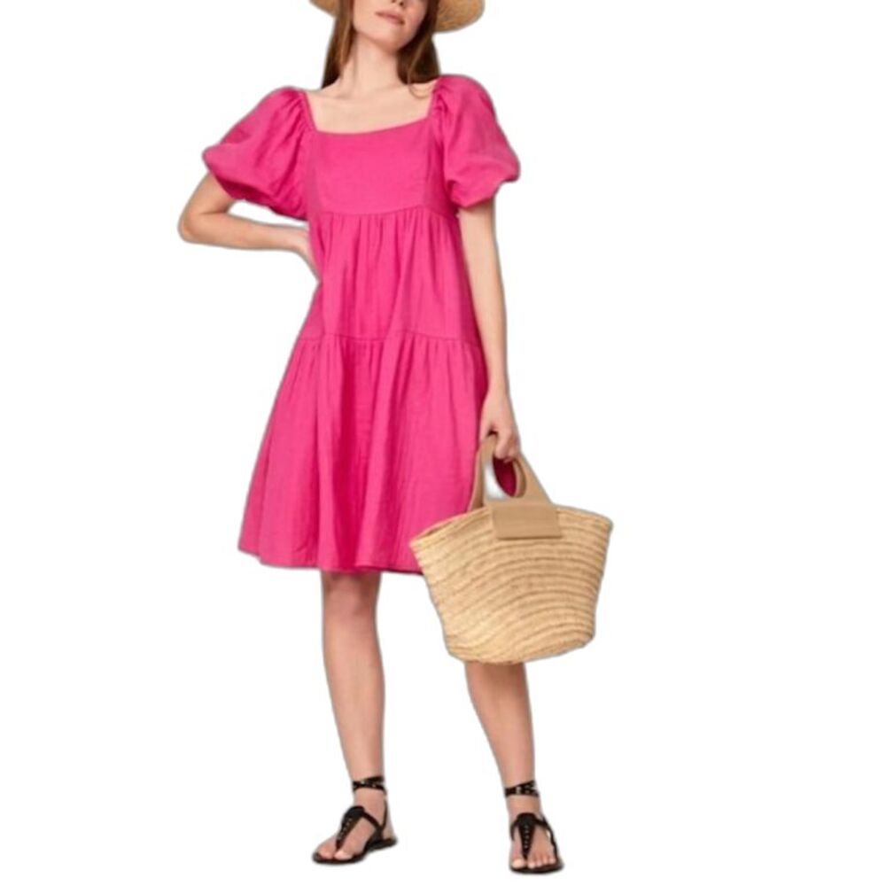 Louna Women's Fuchsia Pink Cotton Gauze Puffed SS Tiered Sundress Sz XL